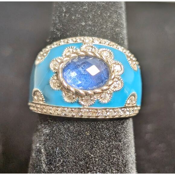 Judith Ripka Aqua Enamel Blue Spinel CZ 925 Sterling Cigar Band Ring Sz 5.75 - Picture 1 of 13